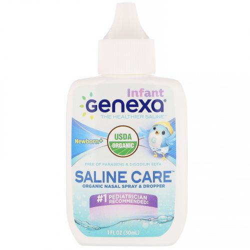 Genexa, Солевой раствор для младенцев, органический назальный спрей и пипетка, для новорожденных и более старших детей, 30 мл (1 жидк. унция)