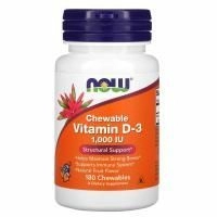 Now Foods, Жевательный витамин D3, натуральный фруктовый вкус, 1000 МЕ, 180 жевательных таблеток