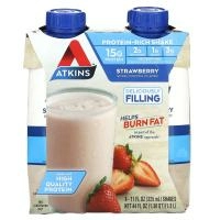 Atkins, Насыщенный протеином коктейль, клубника, 4 коктейля, по 325 мл (11 жидк. унц.)