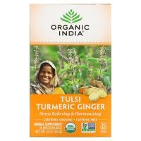 Organic India, чай тулси, куркума и имбирь, без кофеина, 18 чайных пакетиков, 34,2 г (1,2 унции)