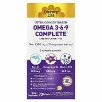 Country Life, сверхконцентрированный полный комплекс омега 3-6-9, со вкусом натурального лимона, 90 капсул