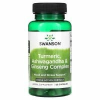 Swanson, Куркума, комплекс ашваганды и женьшеня, 60 капсул