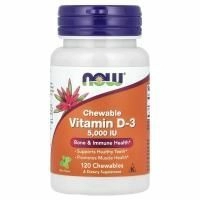 Now Foods, Витамин D3, со вкусом натуральной мяты, 5000 МЕ, 120 жевательных таблеток
