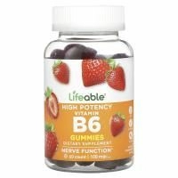 Lifeable, высокоэффективный витамин B6, со вкусом натуральной клубники, 100 мг, 60 жевательных таблеток (50 мг в 1 жевательной таблетке)