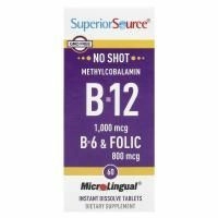 Superior Source, Метилкобаламин B-12, 1000 мкг, B-6 и фолиевая кислота 800 мкг, MicroLingual, 60 таблеток