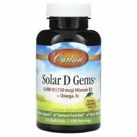 Carlson, Solar D Gems®, витамин D3 и омега-3, натуральный лимон, 6000 МЕ, 120 мягких таблеток