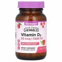 Bluebonnet Nutrition, Earth Sweet Chewables, витамин D3, малина, 25 мкг (1000 МЕ), 90 жевательных таблеток