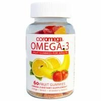Coromega, Омега-3, фрукты мармеладки для взрослых, апельсин, лимон, клубника банан, 60 фруктовых желатиновых конфет