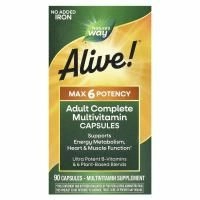 Nature's Way, Живой! Max6 Daily, мультивитаминный комплекс, без добавления железа, 90 вегакапсул