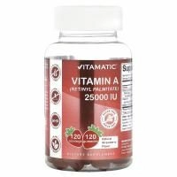 Vitamatic, Витамин A (ретинилпальмитат), натуральная клубника, 25000 МЕ, 120 жевательных таблеток
