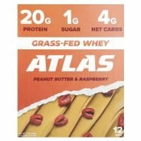 Atlas Bar, батончик с сывороточным протеином от коров травяного откорма, арахисовая паста и малина, 12 батончиков по 54 г (1,9 унции)