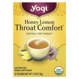 Yogi Tea, Органический, Throat Comfort, со вкусом меда и лимона, без кофеина, 16 чайных пакетиков, 1.12 унций (32 г)