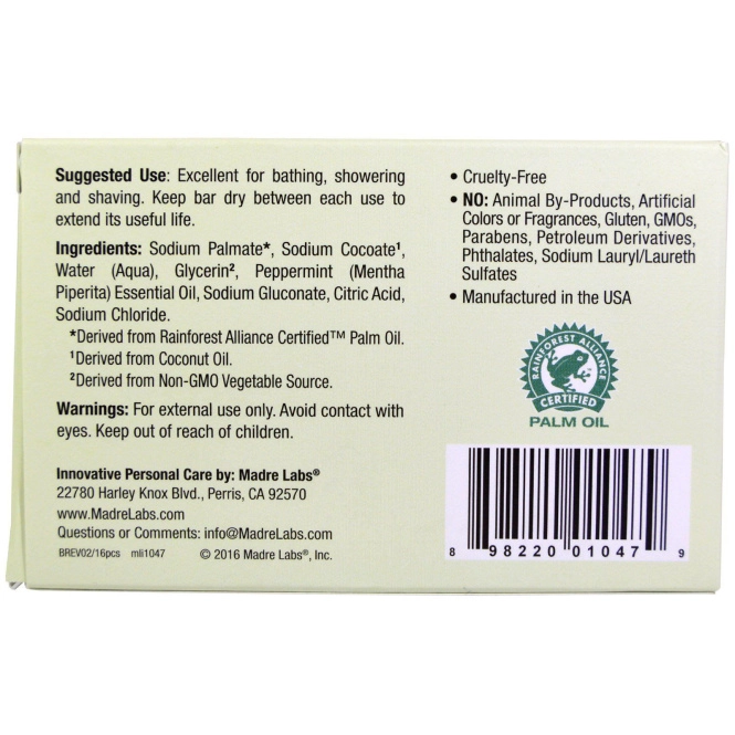 Madre Labs, Мыло Castile, вегетарианский, перечная мята, 5 унций (141 г)