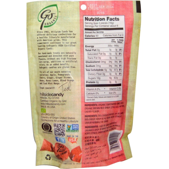 GoOrganic, Органические леденцы, вишня, 3,5 унции (100 г)