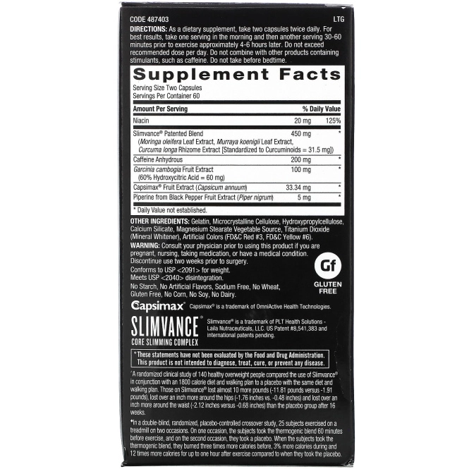 GNC Body Dynamix, Slimvance, Core Slimming Complex, 120 Capsules