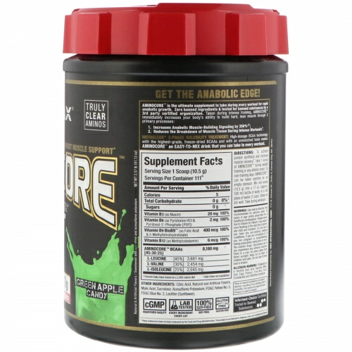 ALLMAX Nutrition, AMINOCORE, BCAA, 8G BCAAs, 100% Pure 45:30:25 Ratio, Gluten Free, Green Apple Candy , 2.57 lb (1166 g)