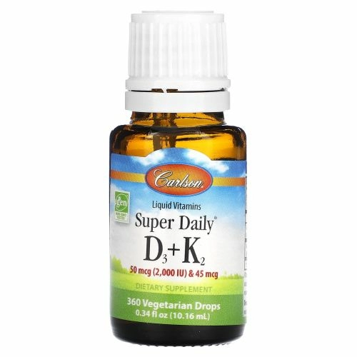 Carlson Labs, Жидкие витамины, Super Daily D3+K2, 50 мкг, 0,34 ж. унц. (10,16 мл)