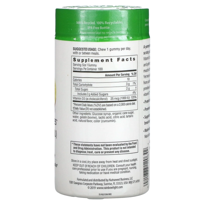 Rainbow Light, Витамин D3, солнечные жевательные таблетки с лимонным вкусом, 1000 МЕ, 100 жевательных таблеток