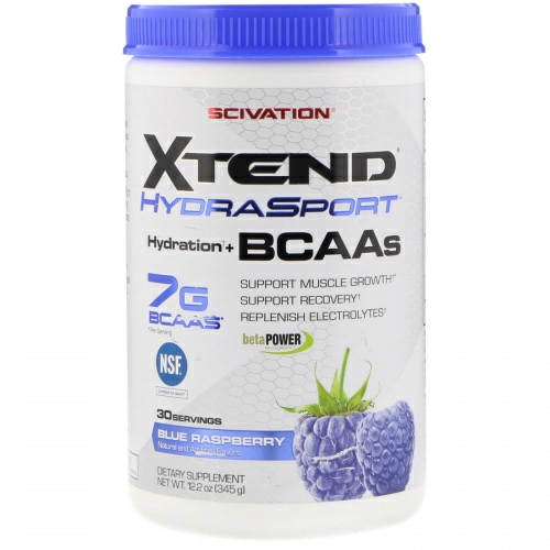 Scivation, Xtend HydraSport, увлажнение + аминокислоты с разветвлённой цепью, голубая малина, 12,2 унц. (345 г)