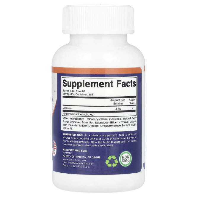 Vitamatic, Мелатонин, натуральные ягоды, 3 мг, 365 быстро растворяющихся таблеток