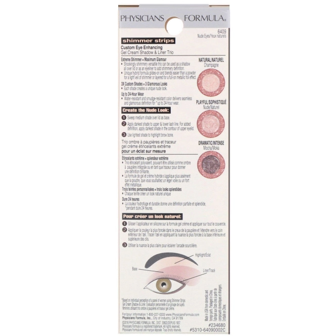 Physicians Formula, Shimmer Strips, трио гель-кремовых теней и подводки для глаз с шиммером, Extreme Shimmer, пастельные оттенки, 0,17 унции (4,8 г)