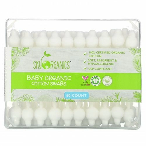 Sky Organics, Baby Organic Cotton Swabs, 60 Count