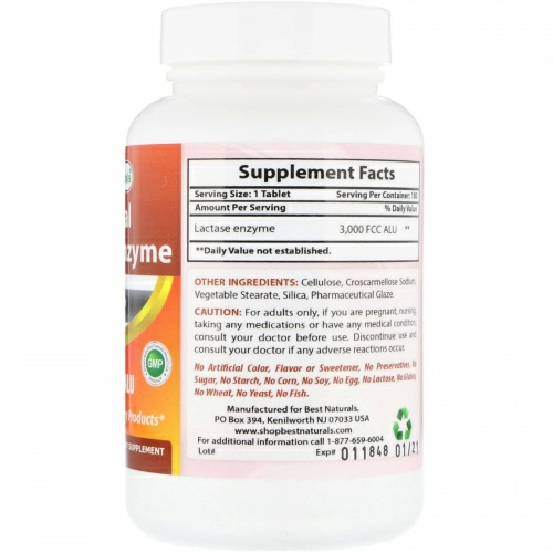 Best Naturals, Natural Lactase Enzyme, 3000 FCC ALU, 180 Tablets