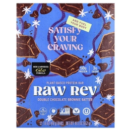 Raw Rev, Протеиновый батончик на растительной основе, двойное шоколадное тесто для брауни, 12 батончиков, 46 г (1,6 унции)