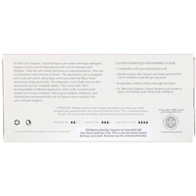 Dr. Mercola, Тампоны из органического хлопка, Супер, 14 тампонов