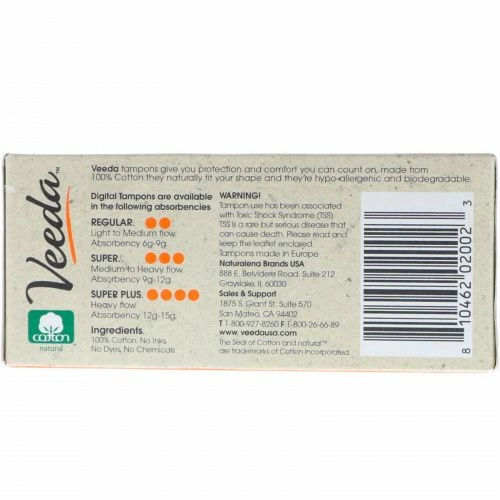 Veeda, 100% Natural Cotton Tampon, Super Plus, 16 Tampons
