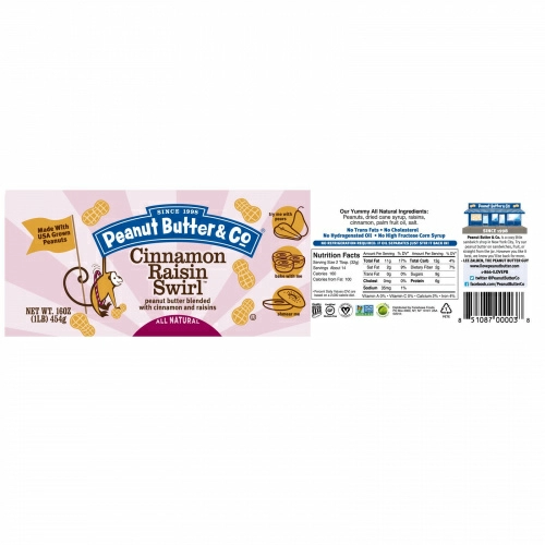 Peanut Butter & Co., Корично-изюмовый свирл, Арахисовое масло, смешанное с корицей и изюмом, 16 унций (454 г)