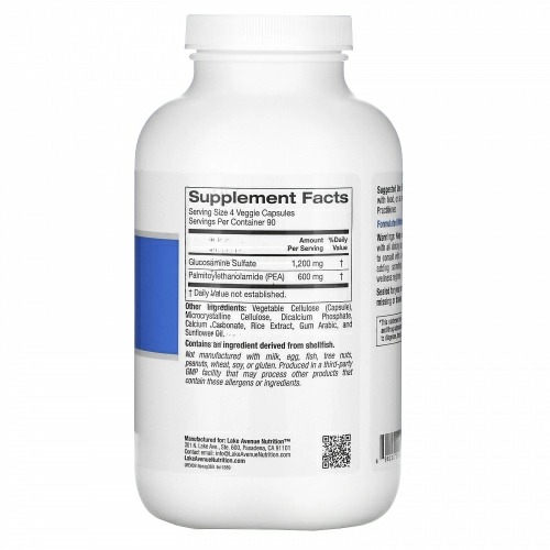Lake Avenue Nutrition, ПЭА (пальмитоилэтаноламид) и сульфат глюкозамина, 360 растительных капсул