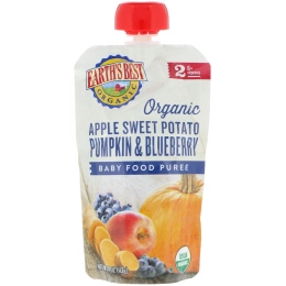 Earth's Best, Органическое яблоко и сладкий картофель, тыква и черника, Пюре для детского питания, Возраст от 6 месяцев и старше, 4 пакета, по 4,0 унц. (113 г) каждый