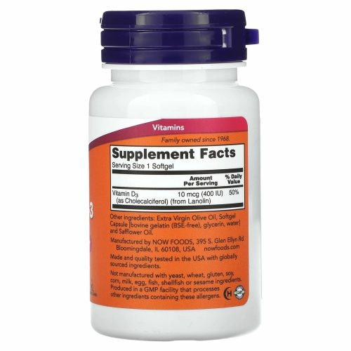 Now Foods, Витамин D3, 400 МЕ, 180 мягких капсул
