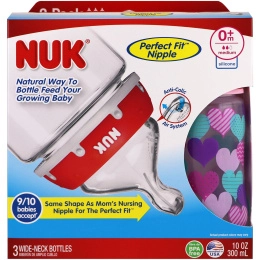 NUK, Бутылка с отлично подходящей соской, от 0 месяцев, средняя, сердца, 3 бутылки с широким горлом, 300 мл (10 унций) каждая
