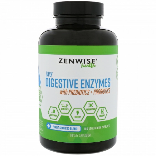 Zenwise Health, Ежедневные пищеварительные ферменты с пребиотиками + пробиотиками, 180 вегетарианских капсул