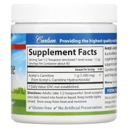 Carlson Labs, Ацетилкарнитин, аминокислотный порошок, 3,53 унц. (100 г)