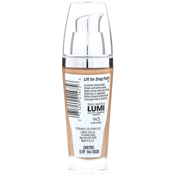 L'Oreal, Тональная основа True Match Healthy Luminous Makeup, SPF 20, оттенок W3 телесный бежевый, 30 мл