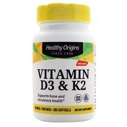 Healthy Origins, Витамин D3 и K2 180 софтгелей