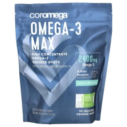 Coromega, Max High Concentrate Omega-3 Fish Oil, Coconut Bliss, 90 выжимок, 2,5 г каждый