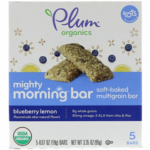 Plum Organics, Мощный утренний батончик, Для малышей,  Черника и лимон, 5 батончиков, 0,67 унц. (19 г) каждый