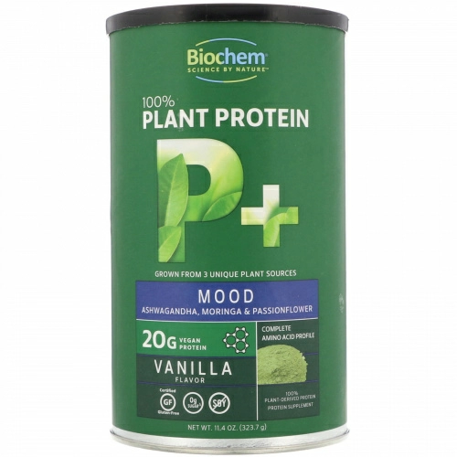 Biochem, 100% растительный протеин, P+ настроение, ванильный вкус, 11,4 унц. (323,7 г)