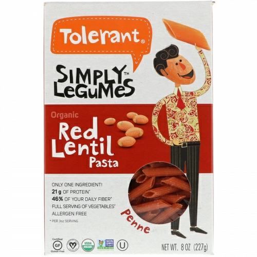 Tolerant, Макароны из органической красной чечевицы, пенне, 227 г
