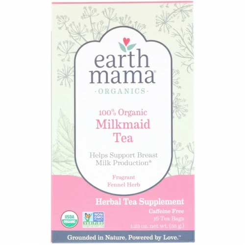 Earth Mama, Органический, 100% органический чай для кормящих мам, с ароматным фенхелем, без кофеина, 16 чайных пакетиков, 1,23 унц. (35 г)
