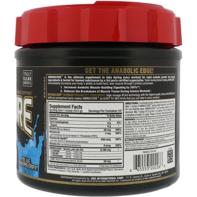 ALLMAX Nutrition, AMINOCORE, BCAA, 8 г аминокислот с разветвлённой цепью, 100% чистый продукт, соотношение аминокислот 45:30:25, без глютена, голубая малина, 1,02 ф (462 г)