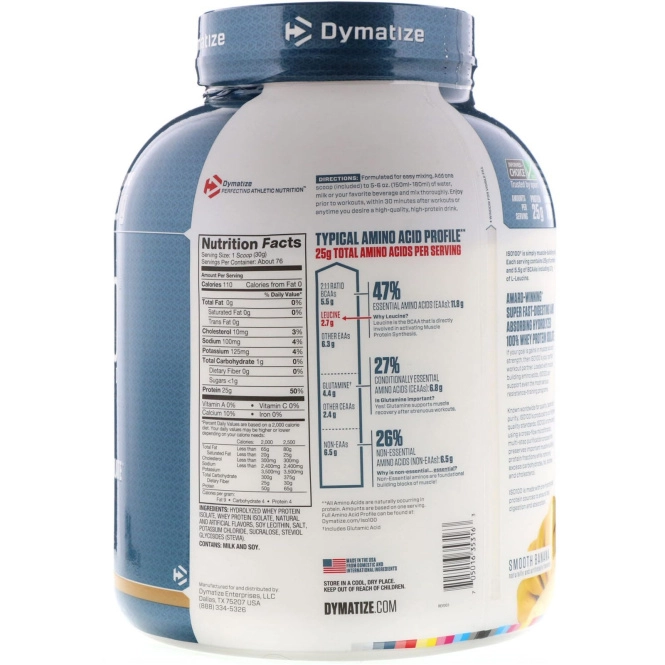 Dymatize Nutrition, ISO 100 гидролизованный 100%-ый белковый сывороточный изолят, банановый вкус, 2,27 кг (5 фунтов)