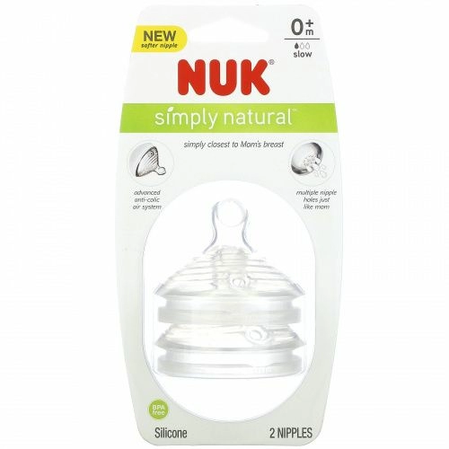 NUK, Simply Natural, Slow Flow Bottle Nipples,  0 + Months, 2 Nipples