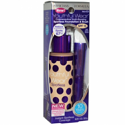 Physicians Formula, Youthful Wear, омолаживающий космецевтический усилитель, безупречная основа и кисточка, SPF 15, средний, 1,0 унция (28,35 г)