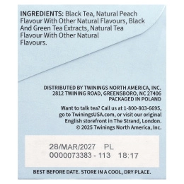 Twinings, холодный чай, черный чай, без подсластителей, персик, 20 порционных чайных пакетиков, 40 г (1,41 унции)
