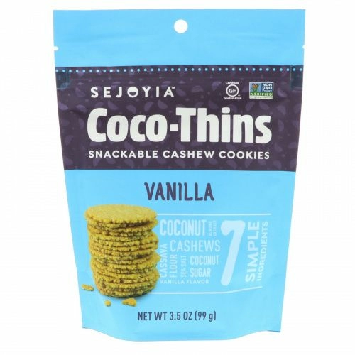 Sejoyia, Coco-Thins, печенье-закуска с кешью, ваниль, 99 г